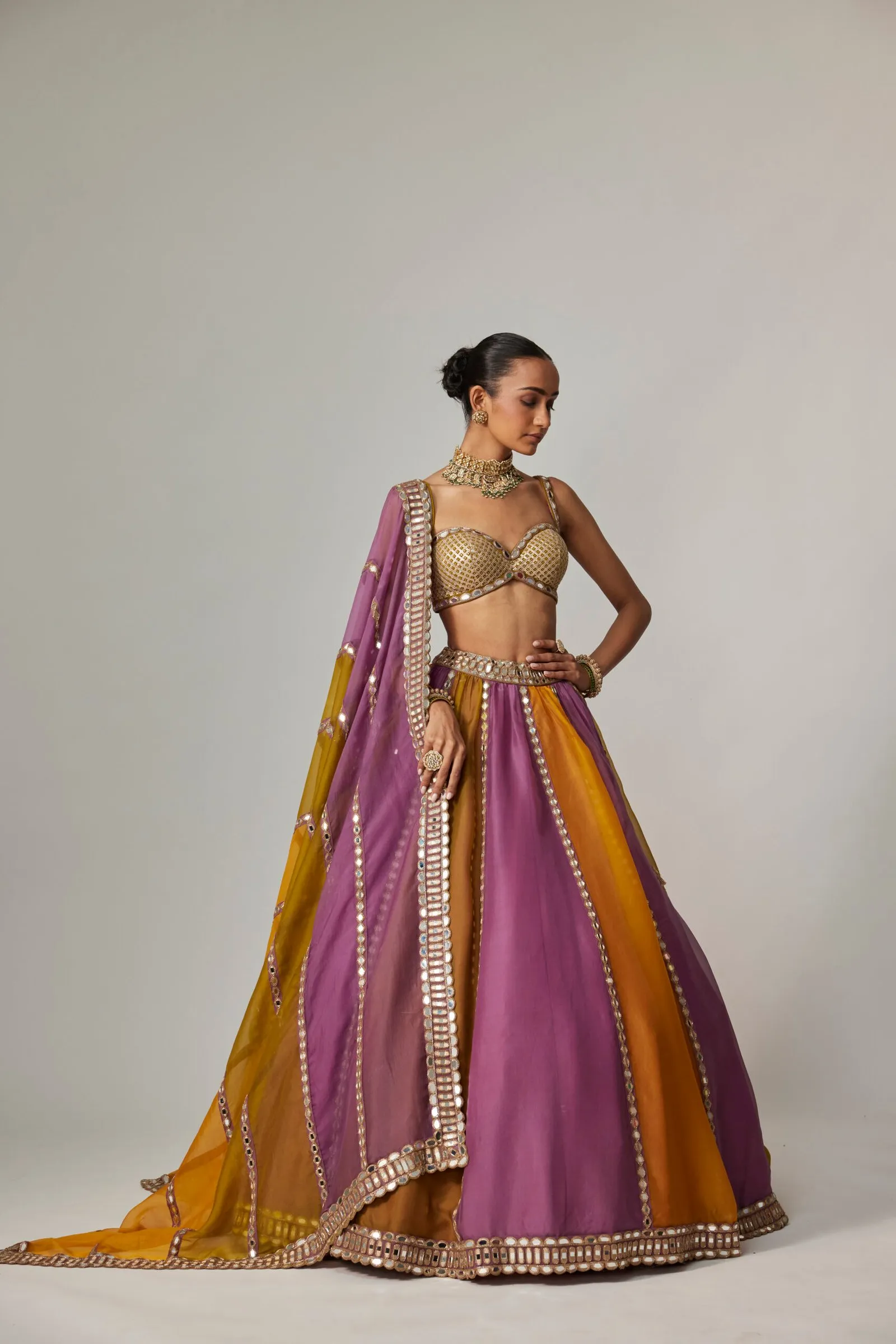Mustard and Lilac Panelled Lehenga with Mirror Work Blouse