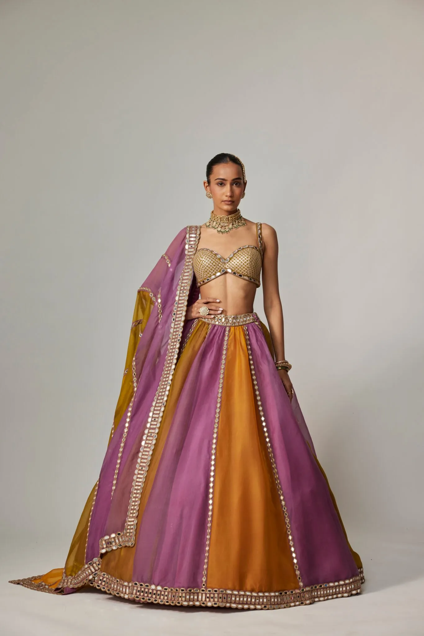 Mustard and Lilac Panelled Lehenga with Mirror Work Blouse