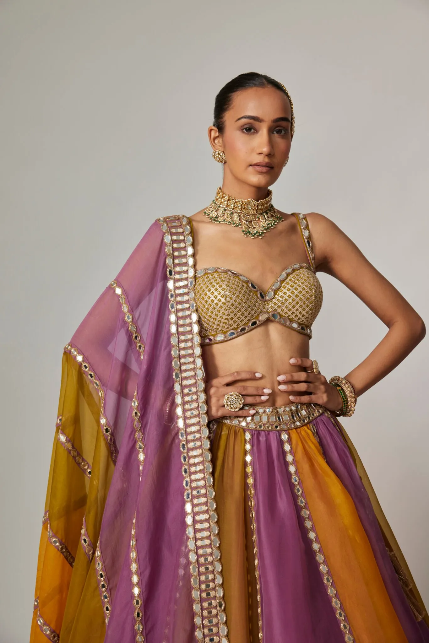 Mustard and Lilac Panelled Lehenga with Mirror Work Blouse