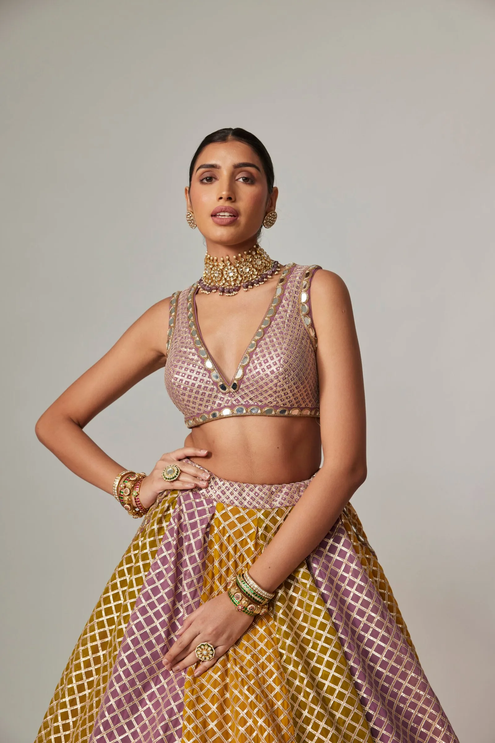 Mustard and Lilac Jaal Lehenga with Deep V-Neck Blouse