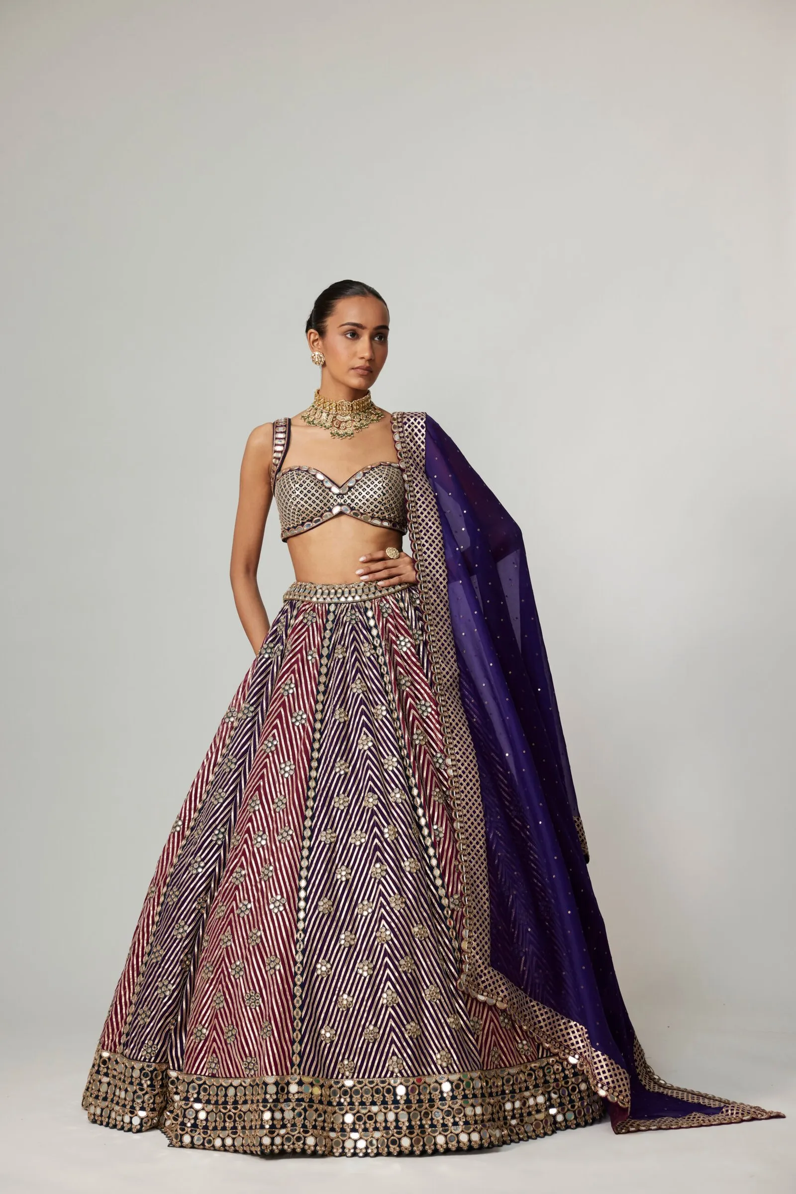 Wine and Purple Chevron Mirror Work Lehenga