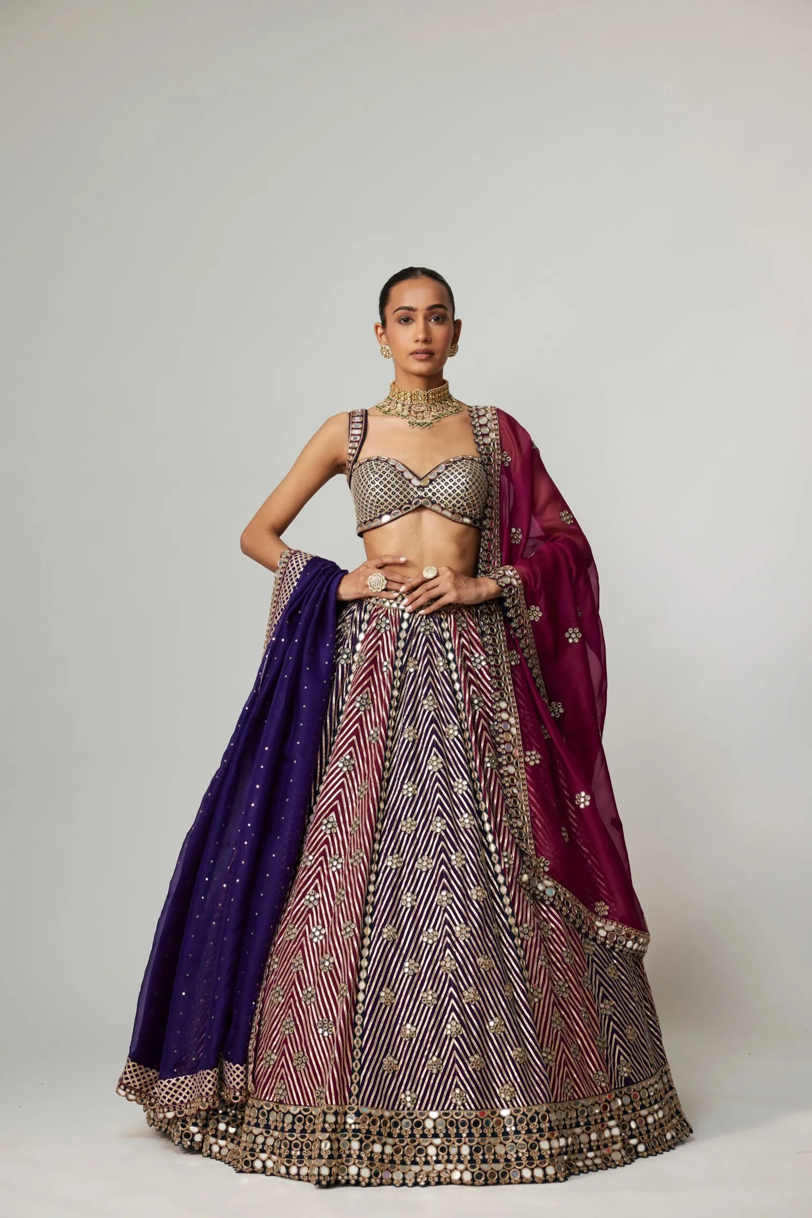 Dual Dupatta Wine and Purple Mirror Work Lehenga
