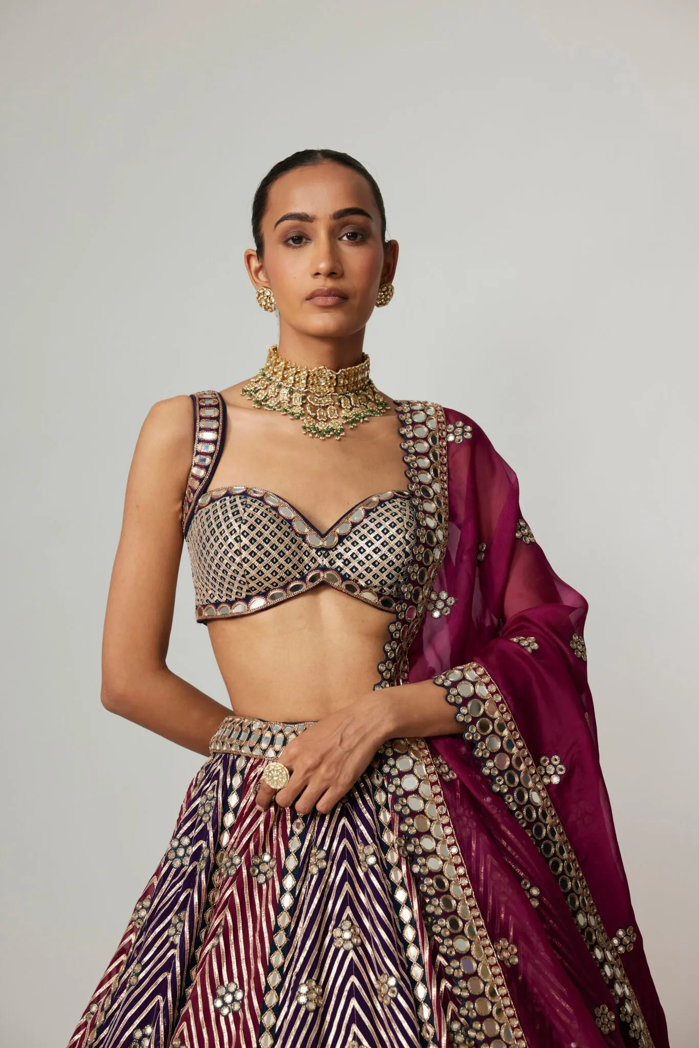 Dual Dupatta Wine and Purple Mirror Work Lehenga