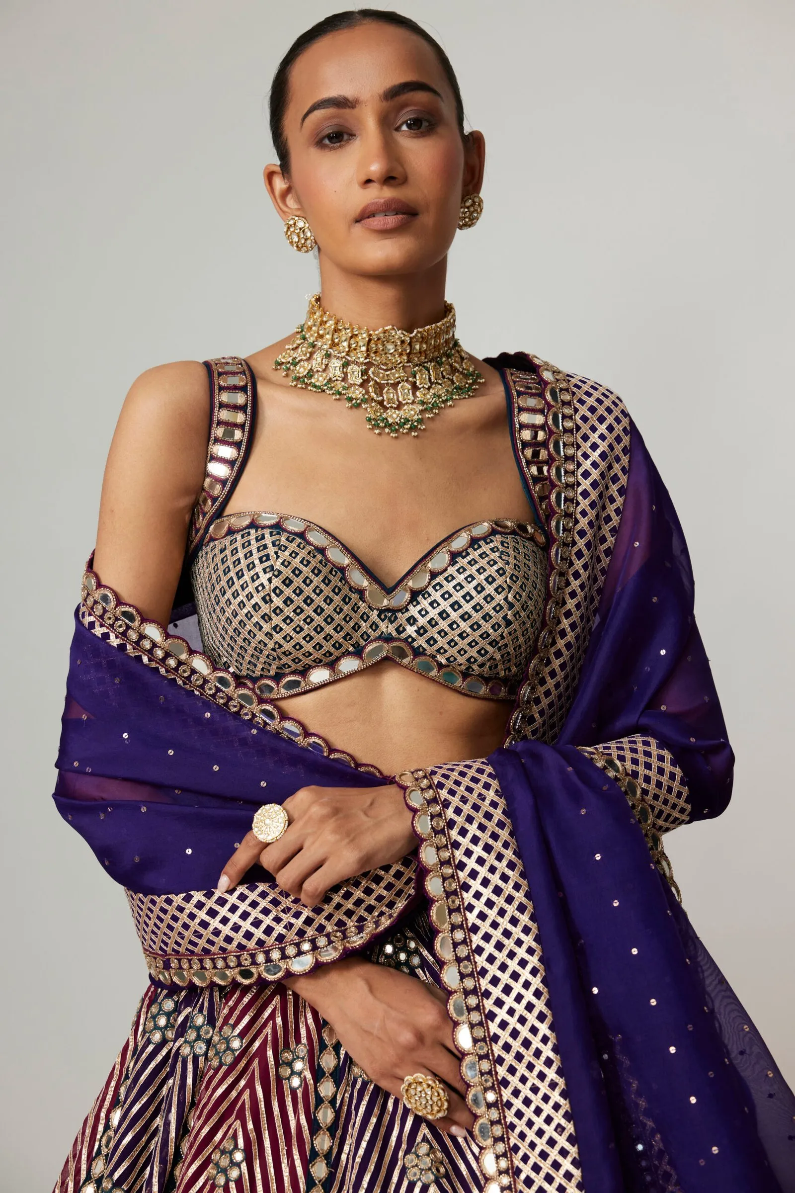 Dual Dupatta Wine and Purple Mirror Work Lehenga