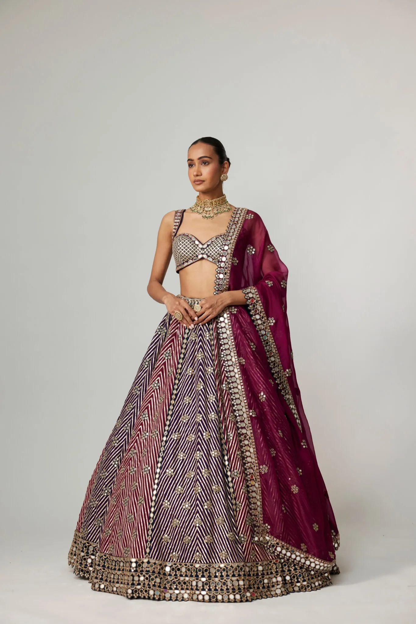 Wine and Purple Chevron Mirror Work Lehenga