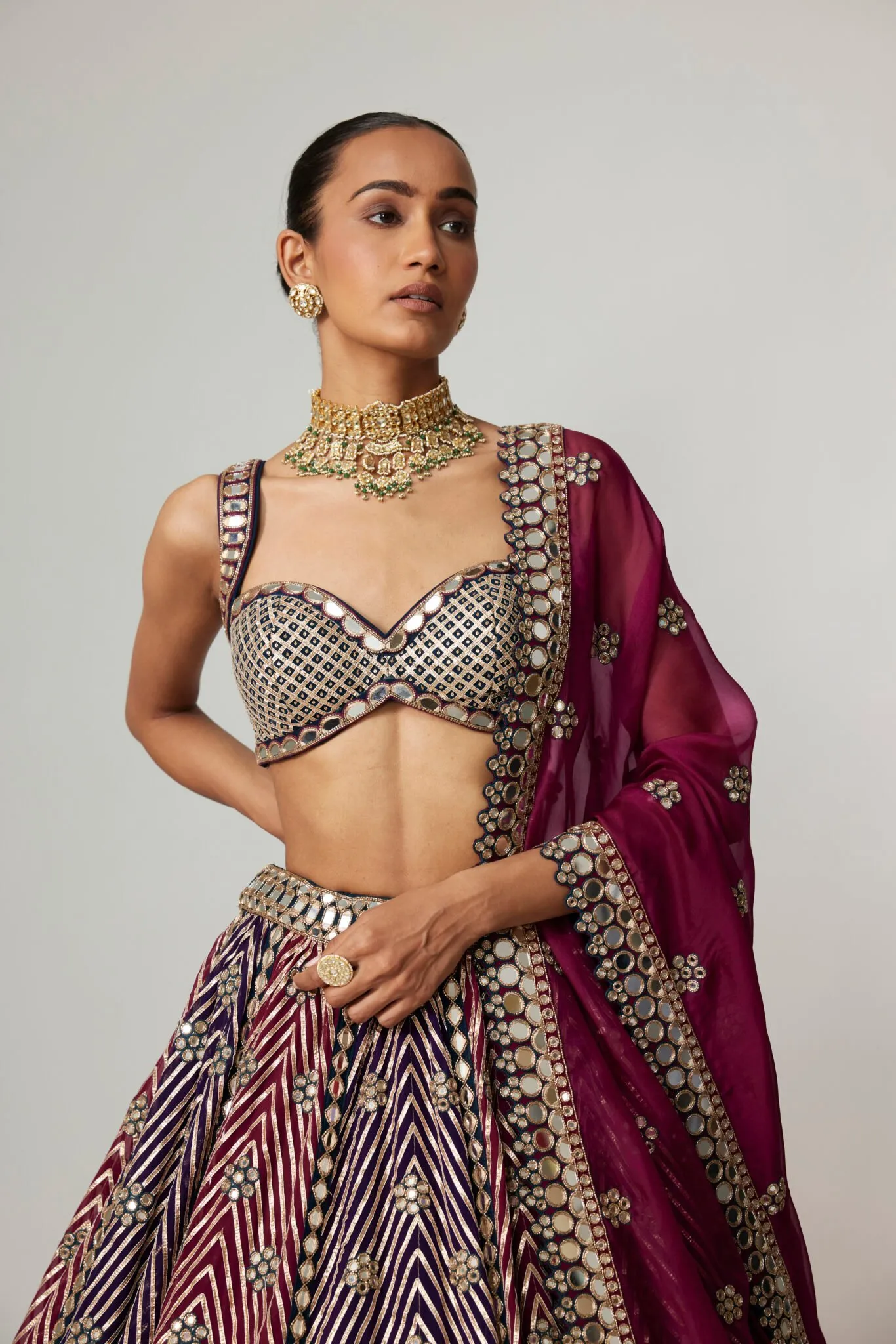 Wine and Purple Chevron Mirror Work Lehenga