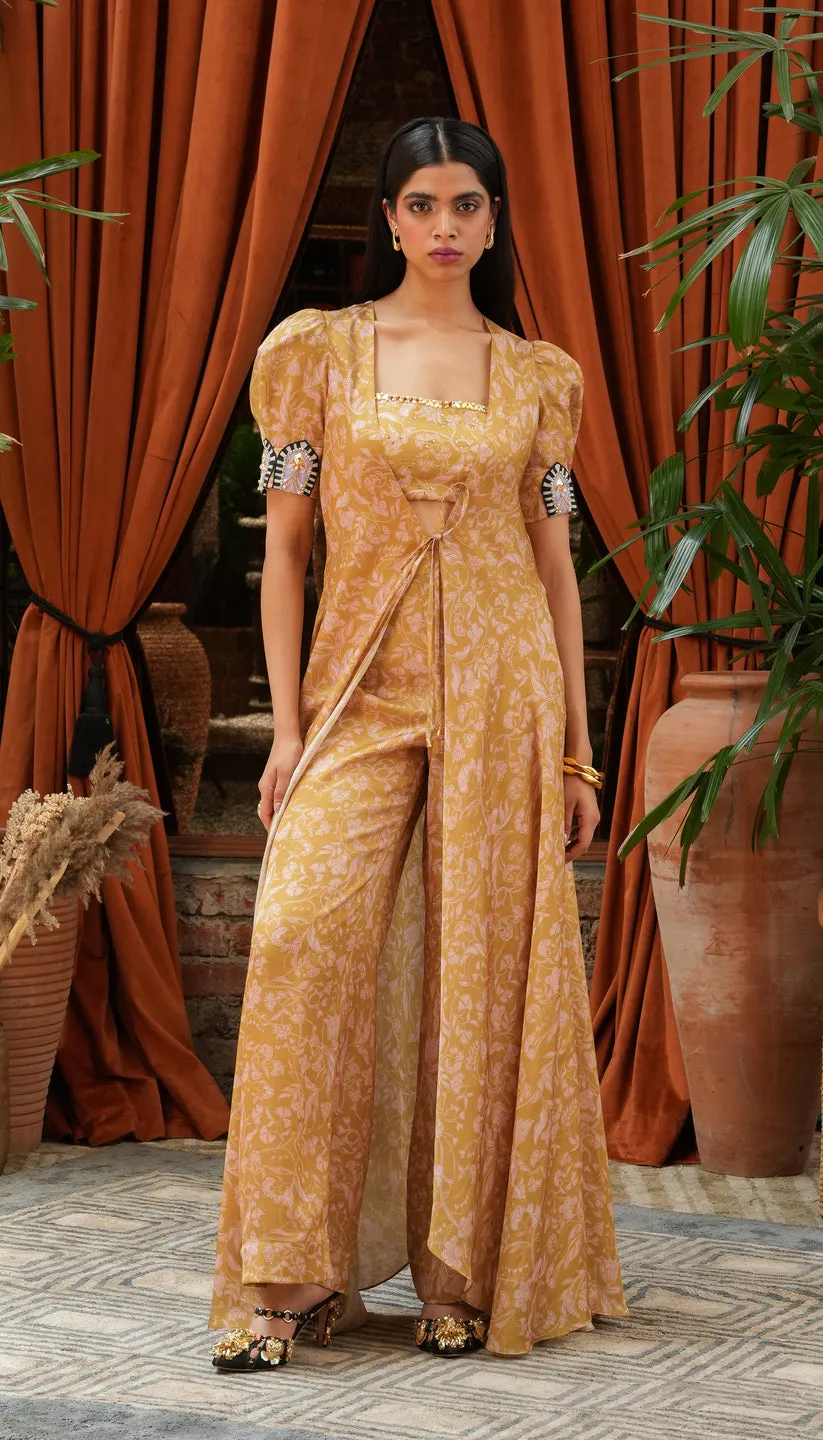 Mustard Floral Co-ord Set with Cape