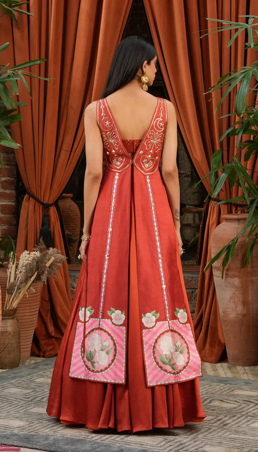 Rust Red Floral Embroidered Co-ord Set with Overlay