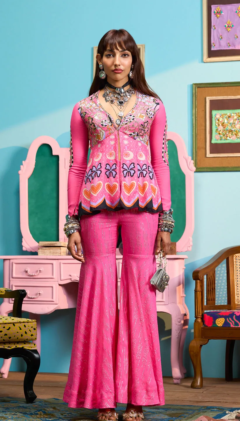 Pink Embroidered Sharara Set with Printed Peplum Kurta