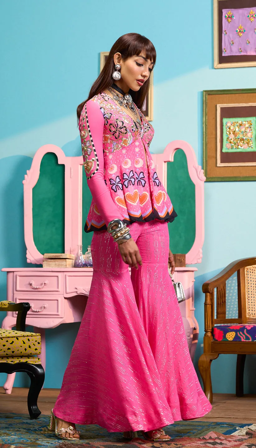 Pink Embroidered Sharara Set with Printed Peplum Kurta