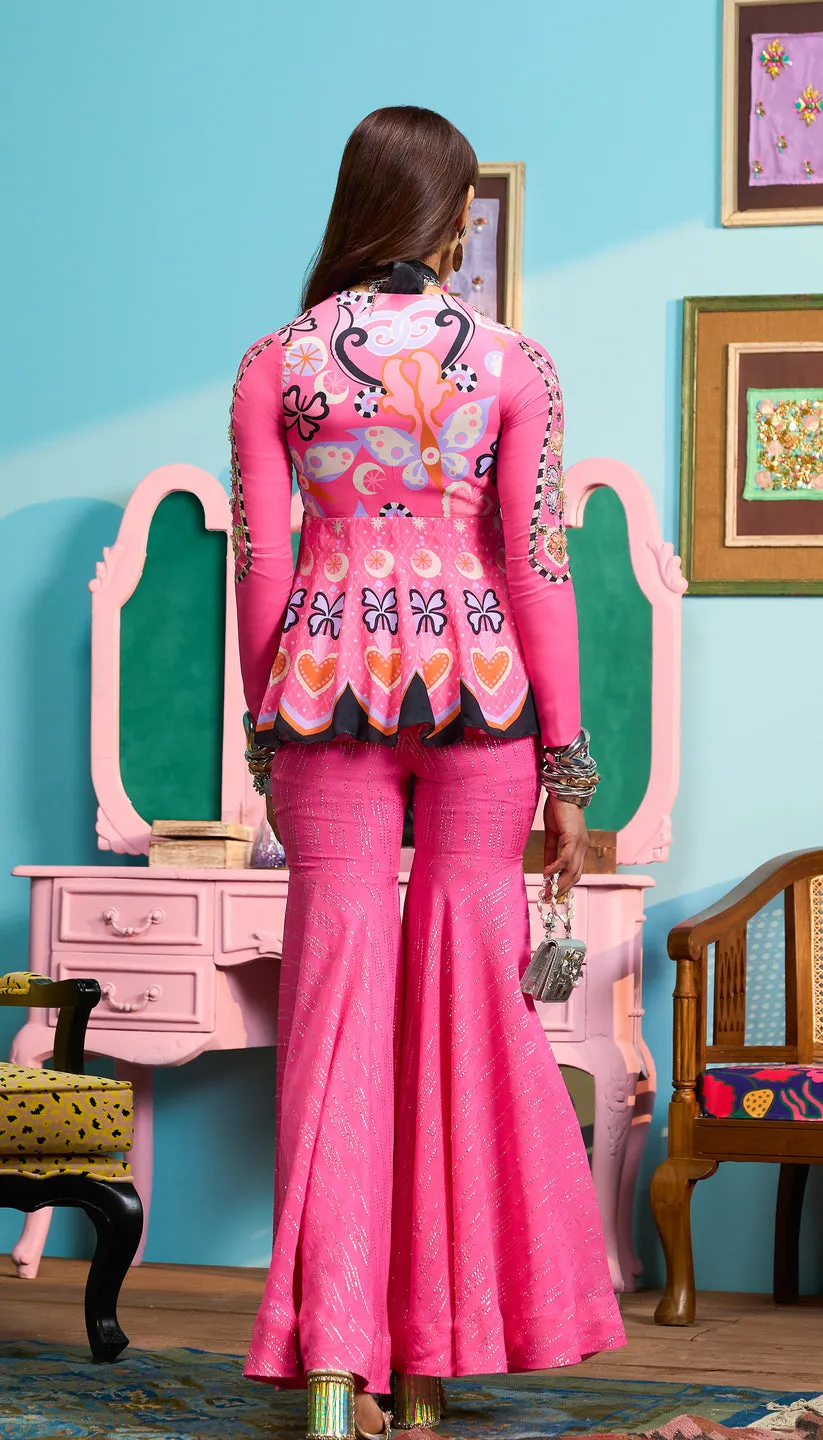 Pink Embroidered Sharara Set with Printed Peplum Kurta
