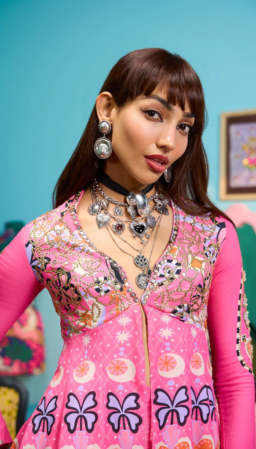 Pink Embroidered Sharara Set with Printed Peplum Kurta