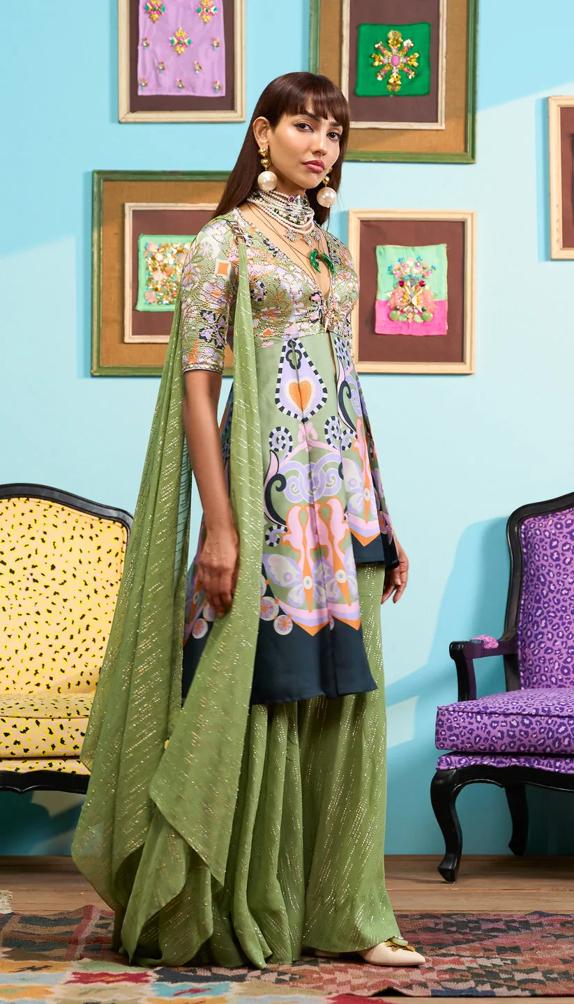 Embroidered Green Sharara Set with Printed Peplum Kurta