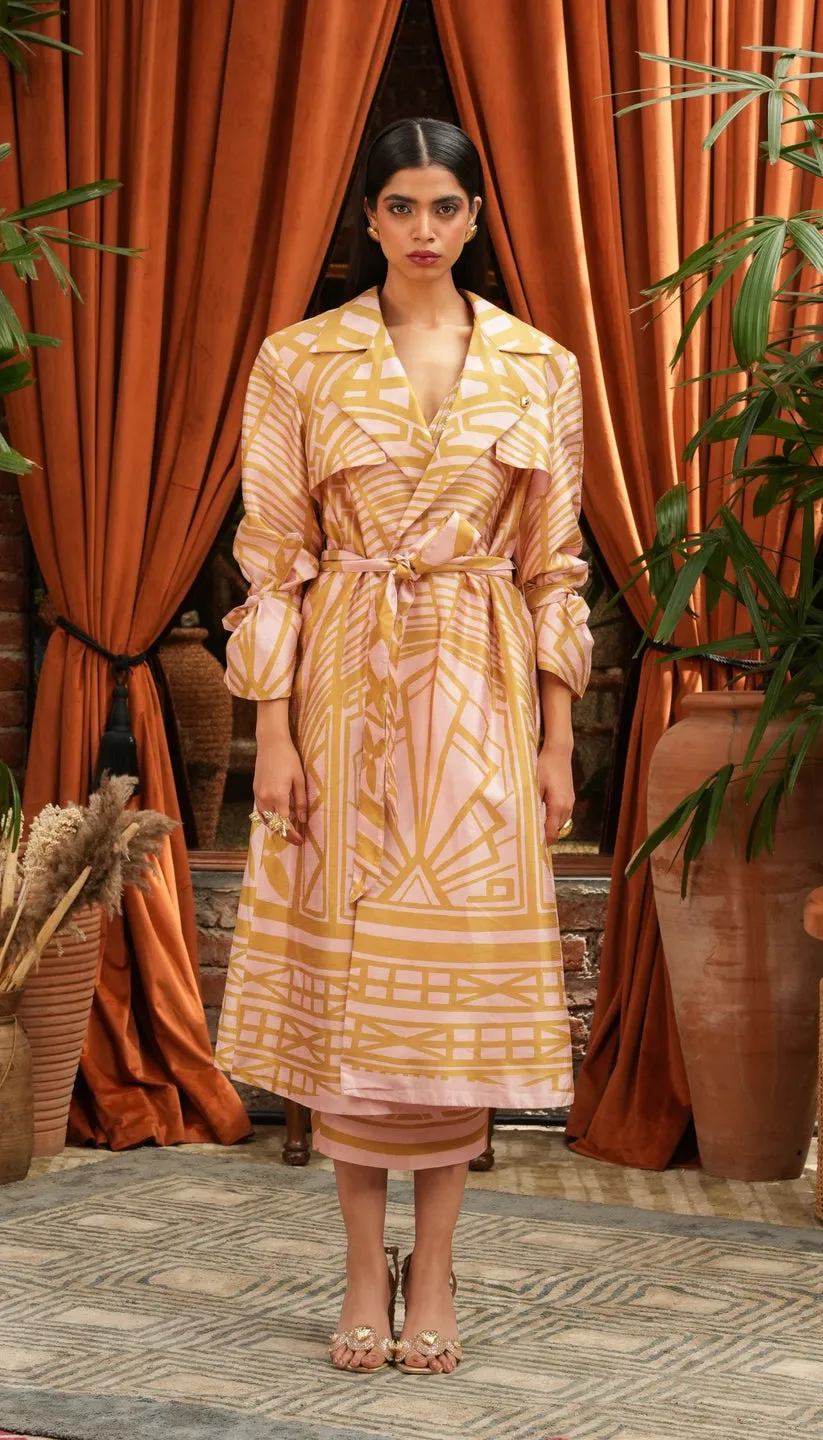Golden Geometric Co-ord Set with Embellished Bralette and Long Jacket