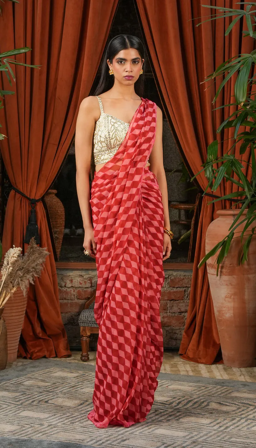 Red Geometric Print Sari with Golden Embroidered Blouse