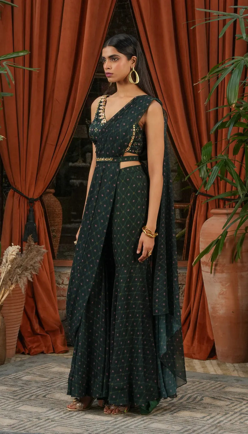 Midnight Green Sharara Set with Embroidered Detailing