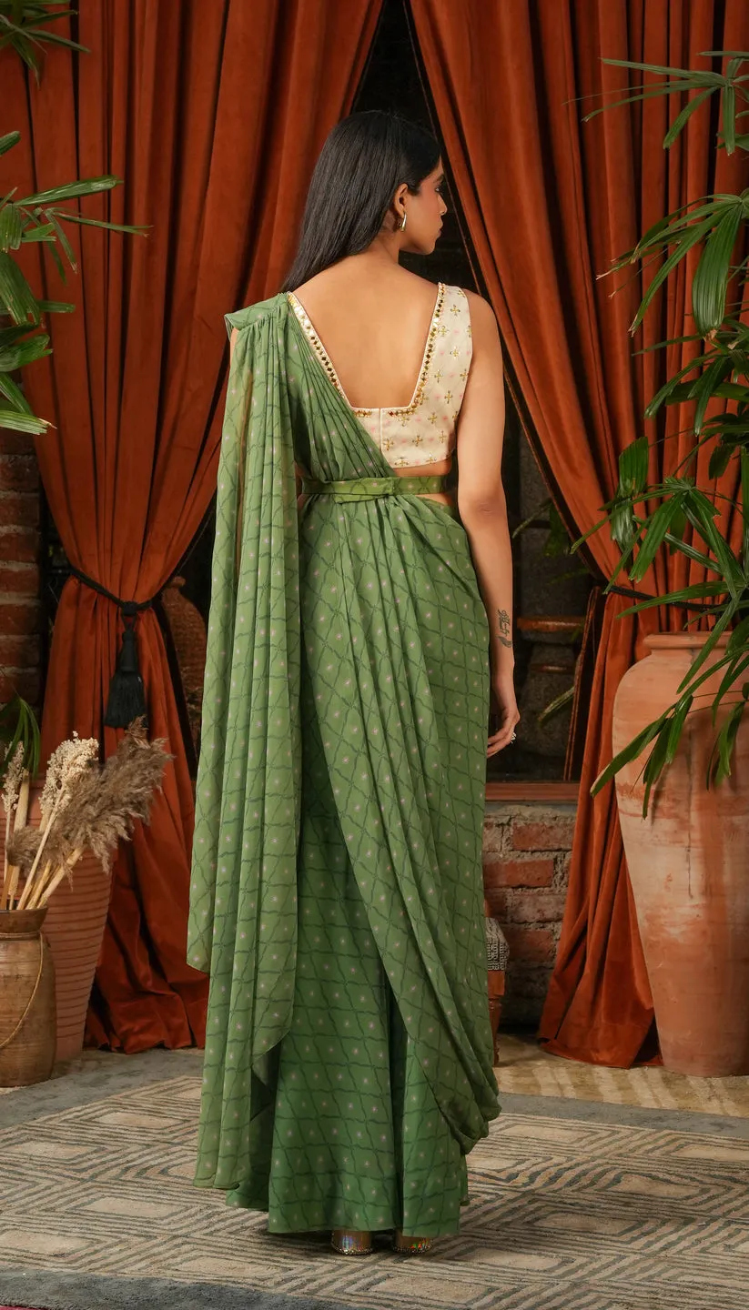 Green Printed Saree-Style Sharara Set