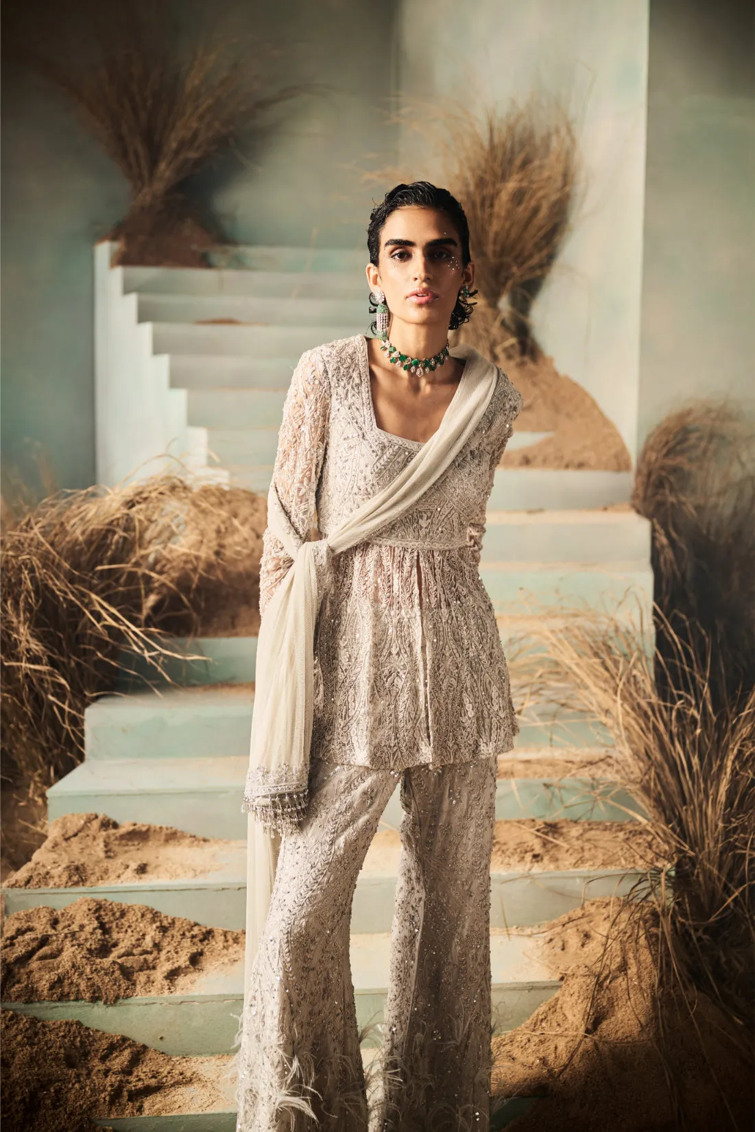 Silver Embroidered Sharara with Peplum Kurta and Dupatta