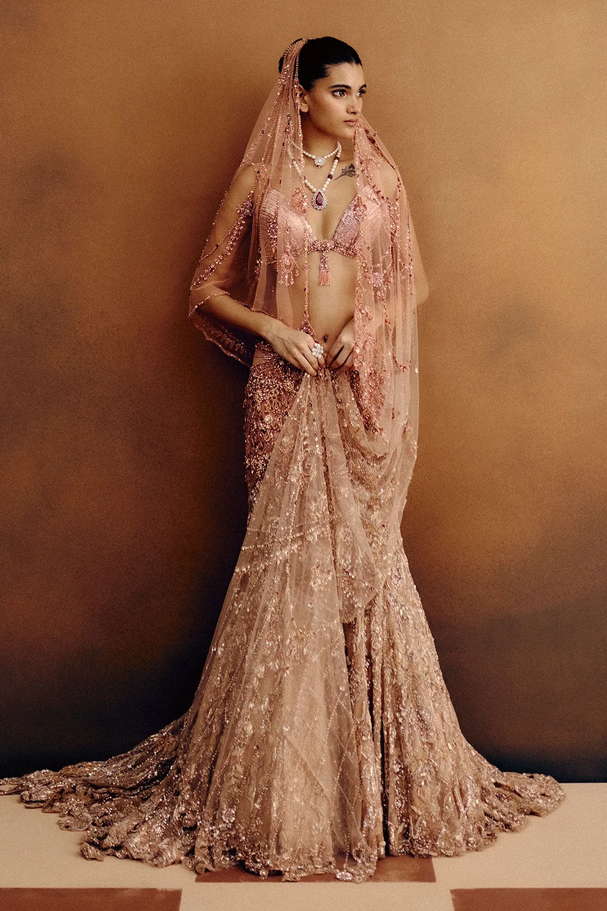 Rose Gold Lehenga with Sequin Embroidery and Beaded Veil
