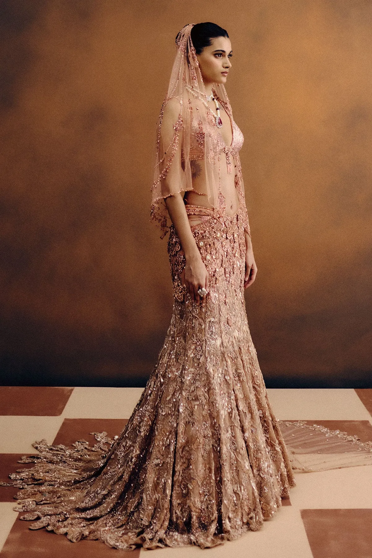 Rose Gold Lehenga with Sequin Embroidery and Beaded Veil