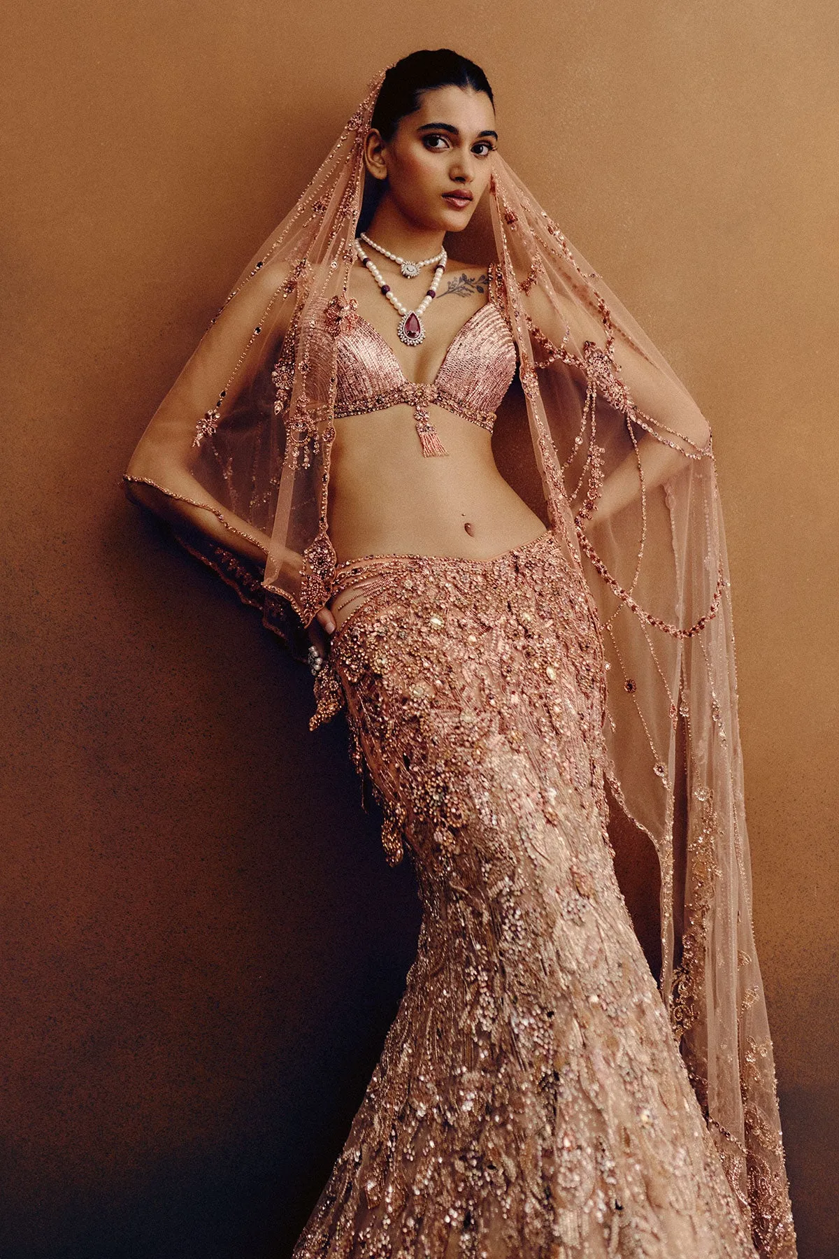 Rose Gold Lehenga with Sequin Embroidery and Beaded Veil