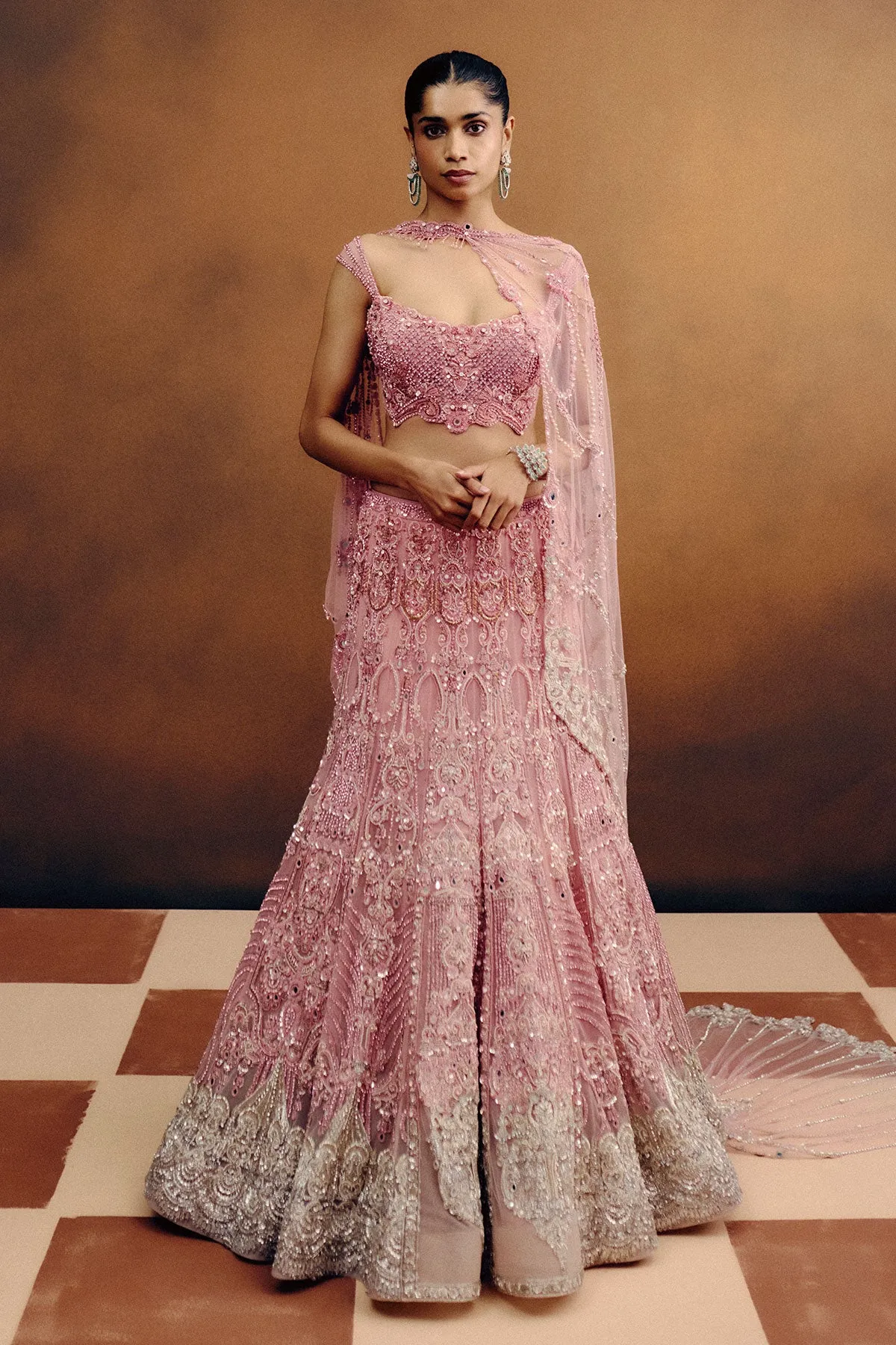 Blush Pink Lehenga with Silver Zardozi and Sequin Embroidery