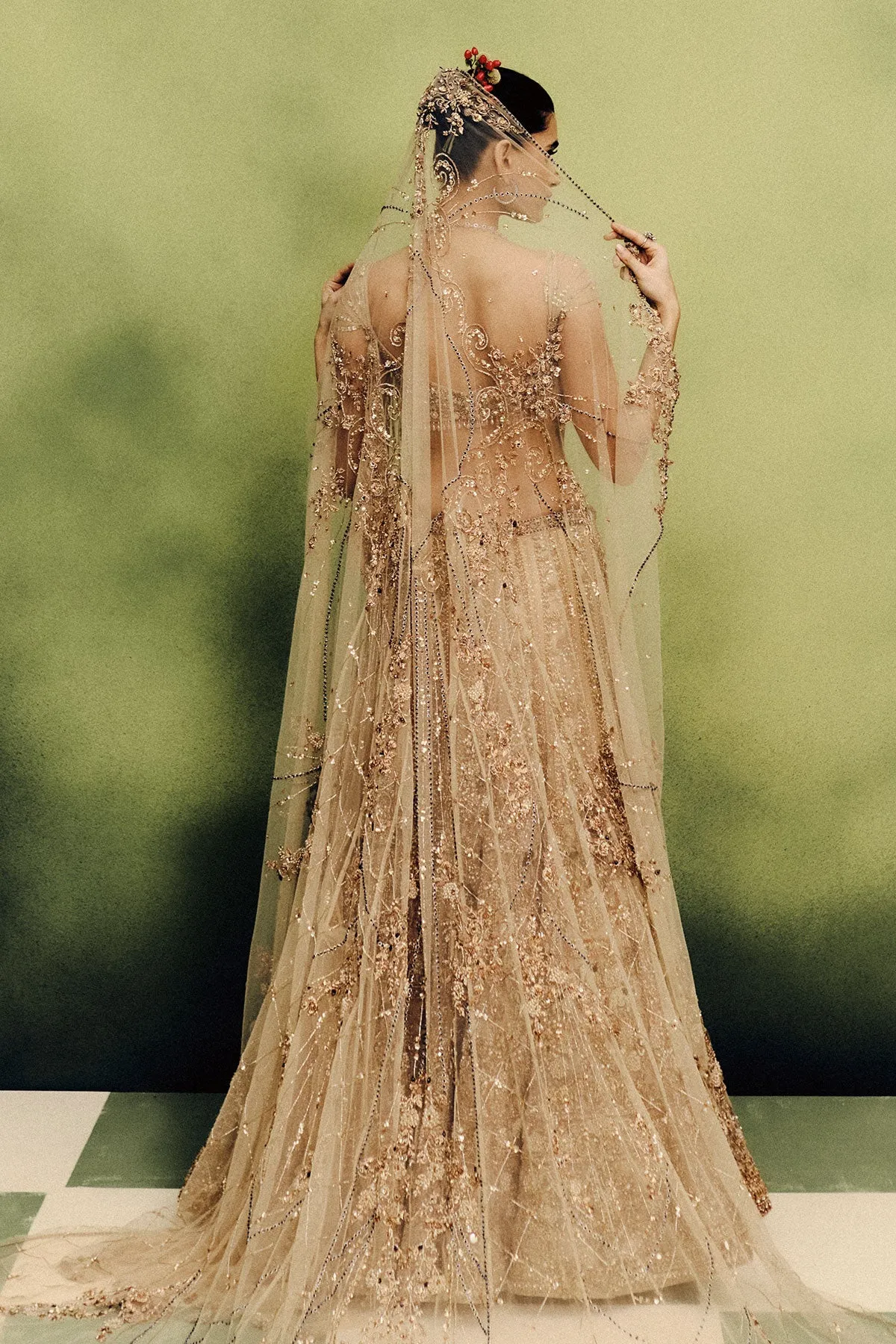 Antique Gold Lehenga with Zardozi and Jewel-Toned Accents