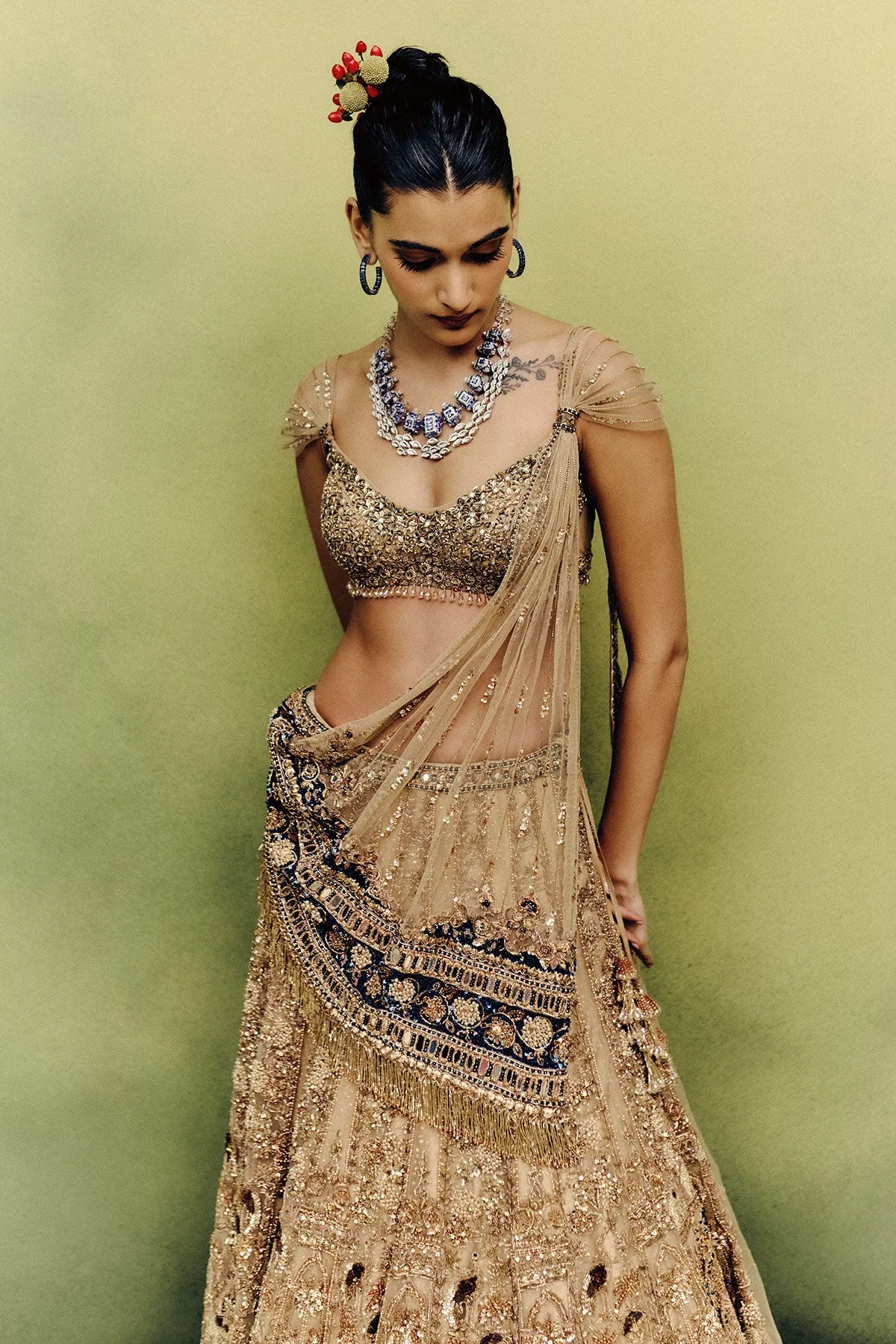 Antique Gold Lehenga with Zardozi and Jewel-Toned Accents