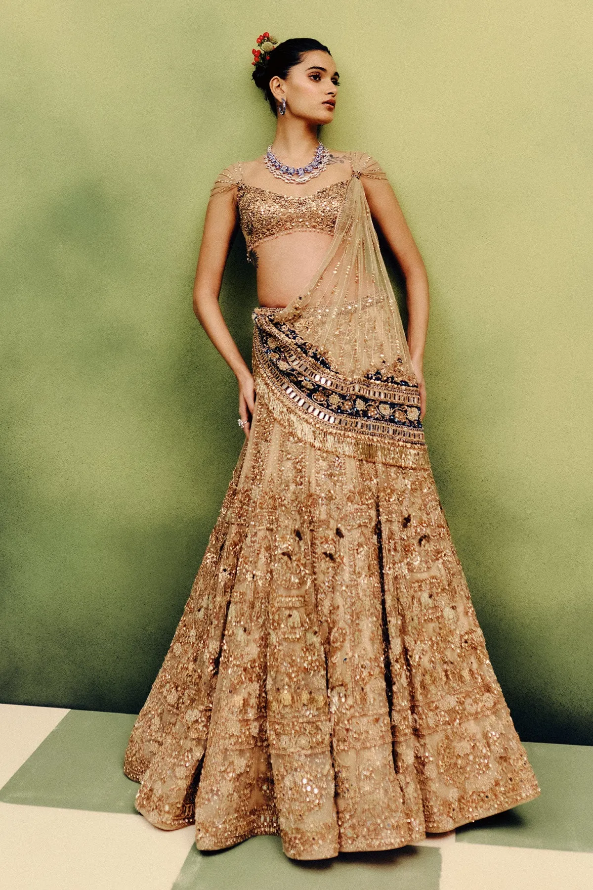 Antique Gold Lehenga with Zardozi and Jewel-Toned Accents