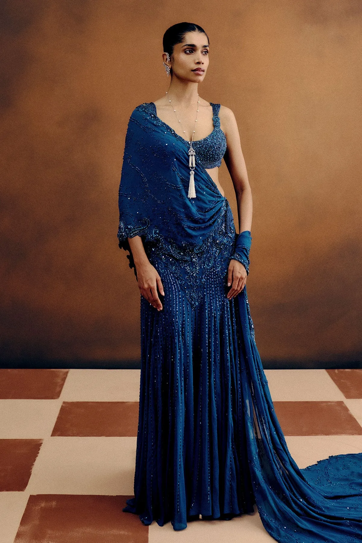 Sapphire Blue Sari with Beaded Detailing and Drape Embroidery