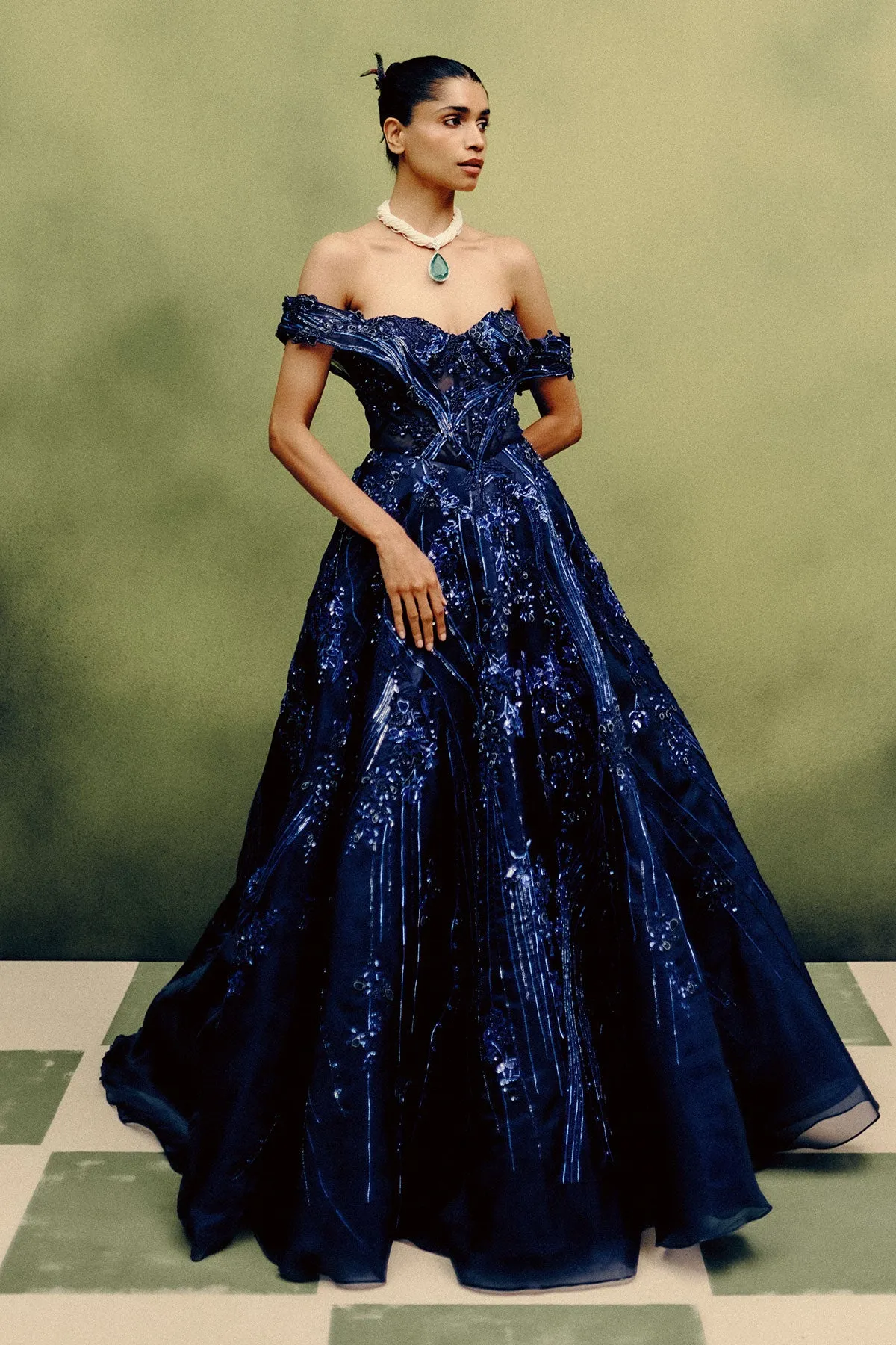 Midnight Navy Gown with Off-Shoulder Corset and Sequin Embroidery