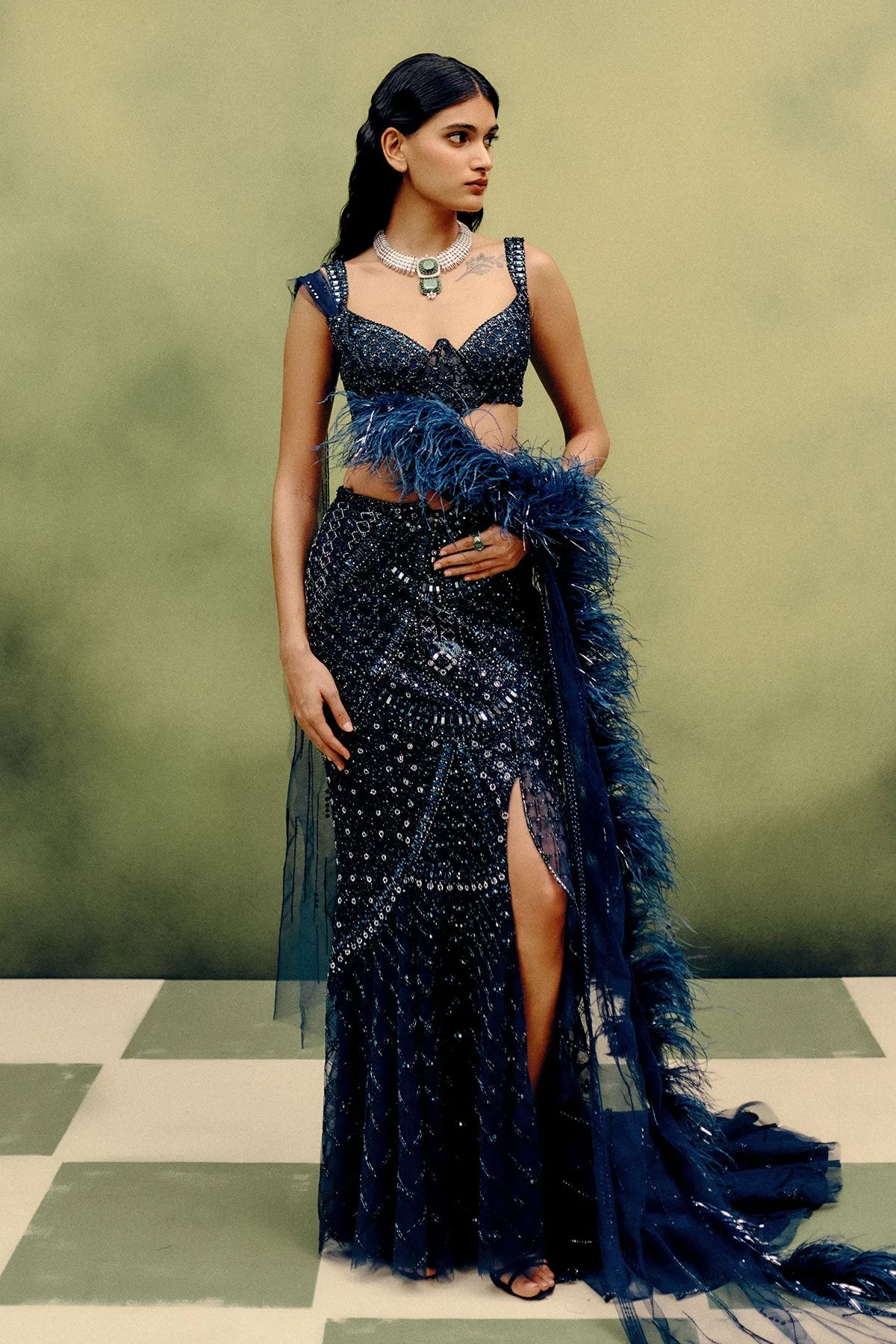 Midnight Blue Gown with Mirrorwork Embroidery and Feather Drape