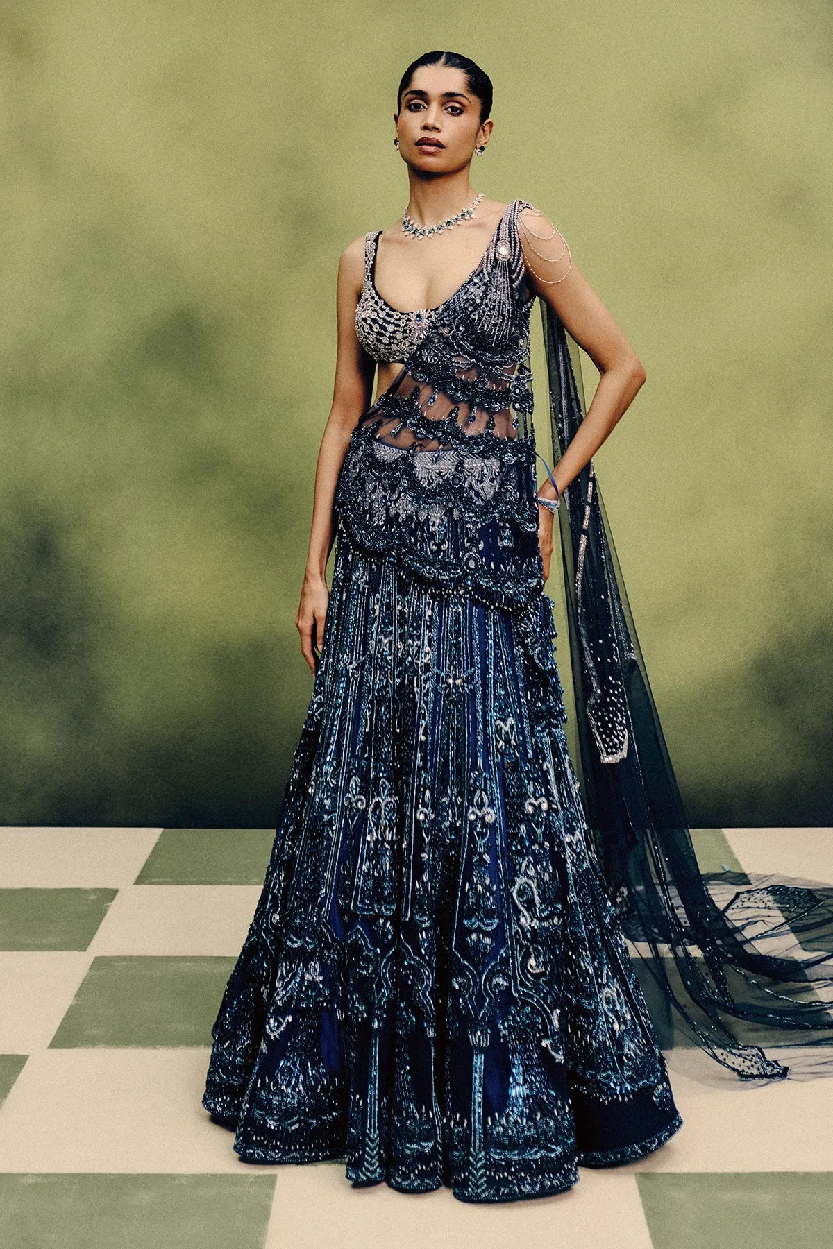 Midnight Navy Lehenga with Crystal and Sequin Embroidery