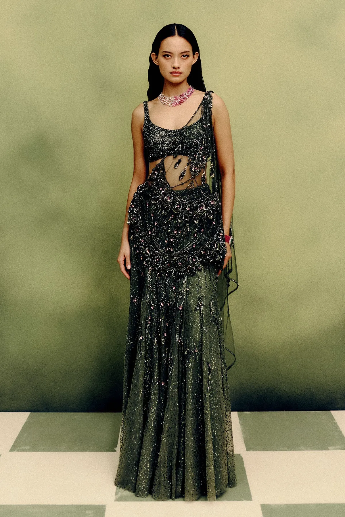 Olive Green Sari with Beaded Embroidery and Sheer Detailing