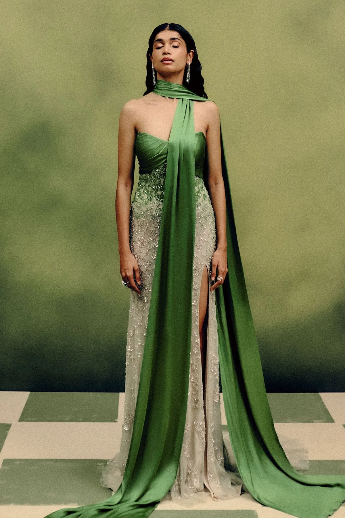 Jade Green Gown with Crystal Embroidery and Draped Scarf
