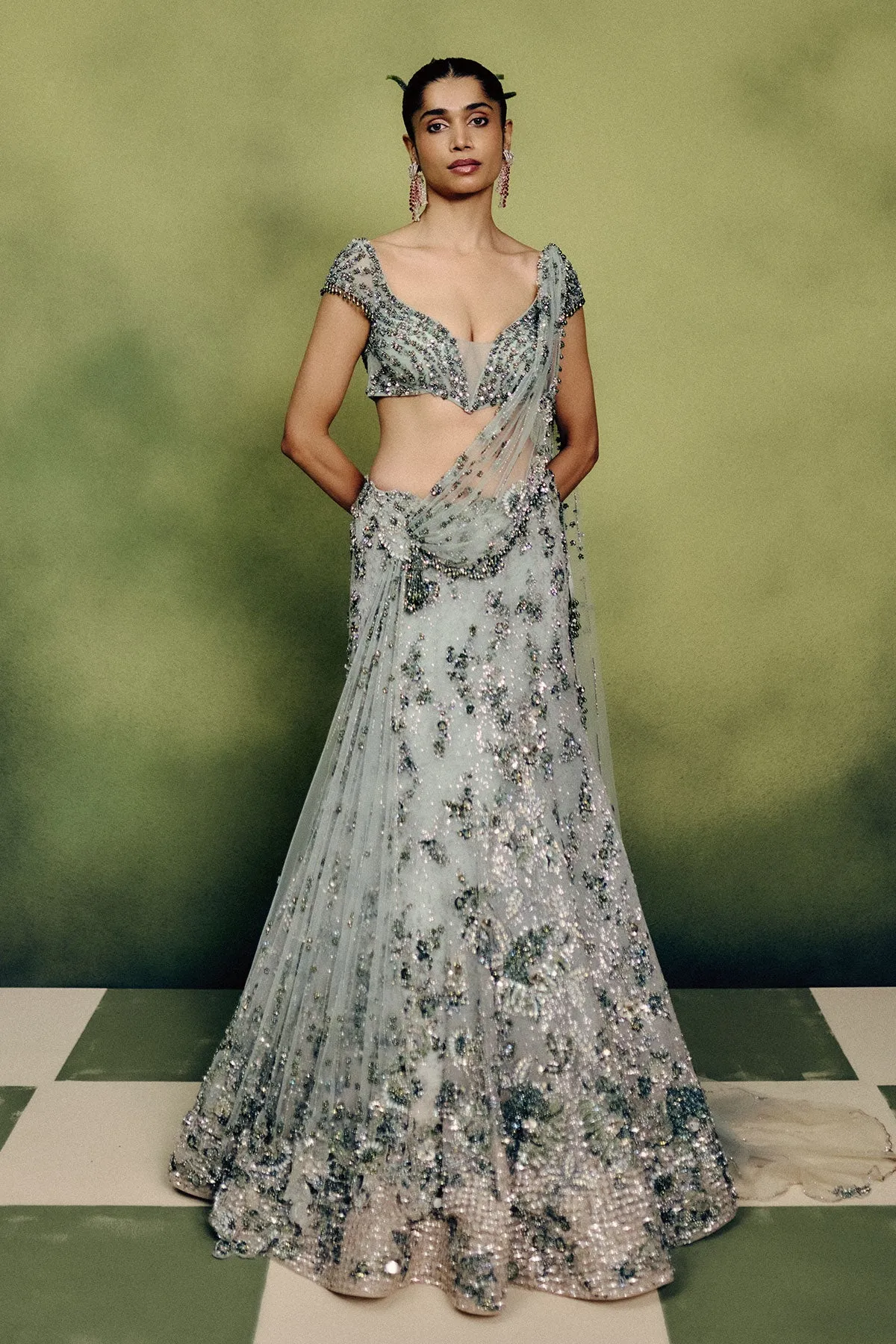 Mint Green Lehenga with Sequin Embroidery and Sheer Dupatta