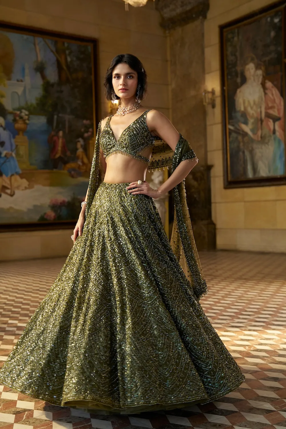 Deep Olive Lehenga with All-Over Sequin and Zardozi Embroidery