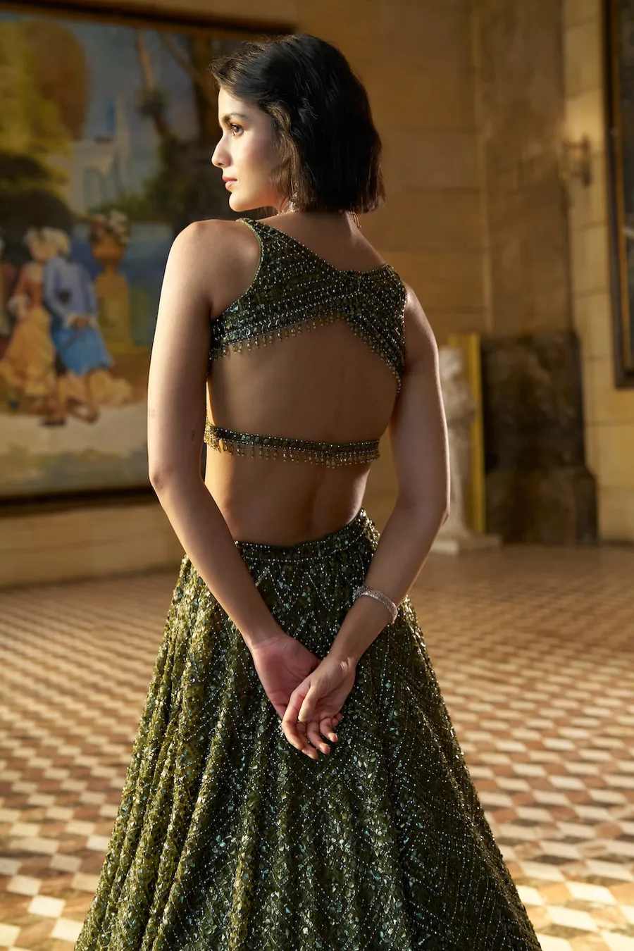 Deep Olive Lehenga with All-Over Sequin and Zardozi Embroidery
