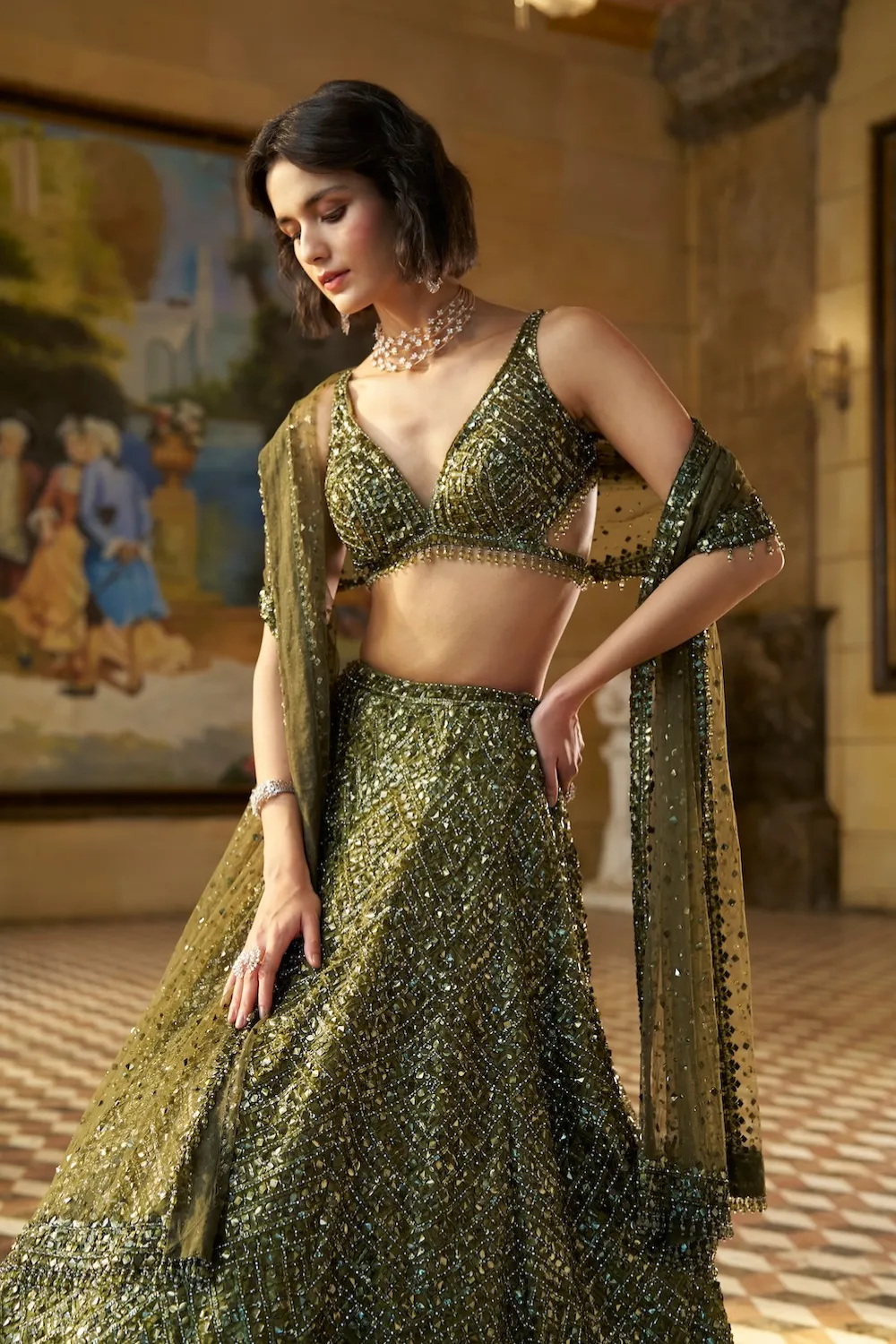 Deep Olive Lehenga with All-Over Sequin and Zardozi Embroidery