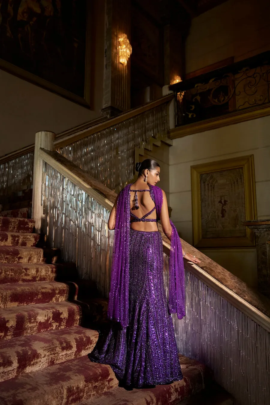 Amethyst Lehenga with Linear Sequin Handwork and Embellished Blouse