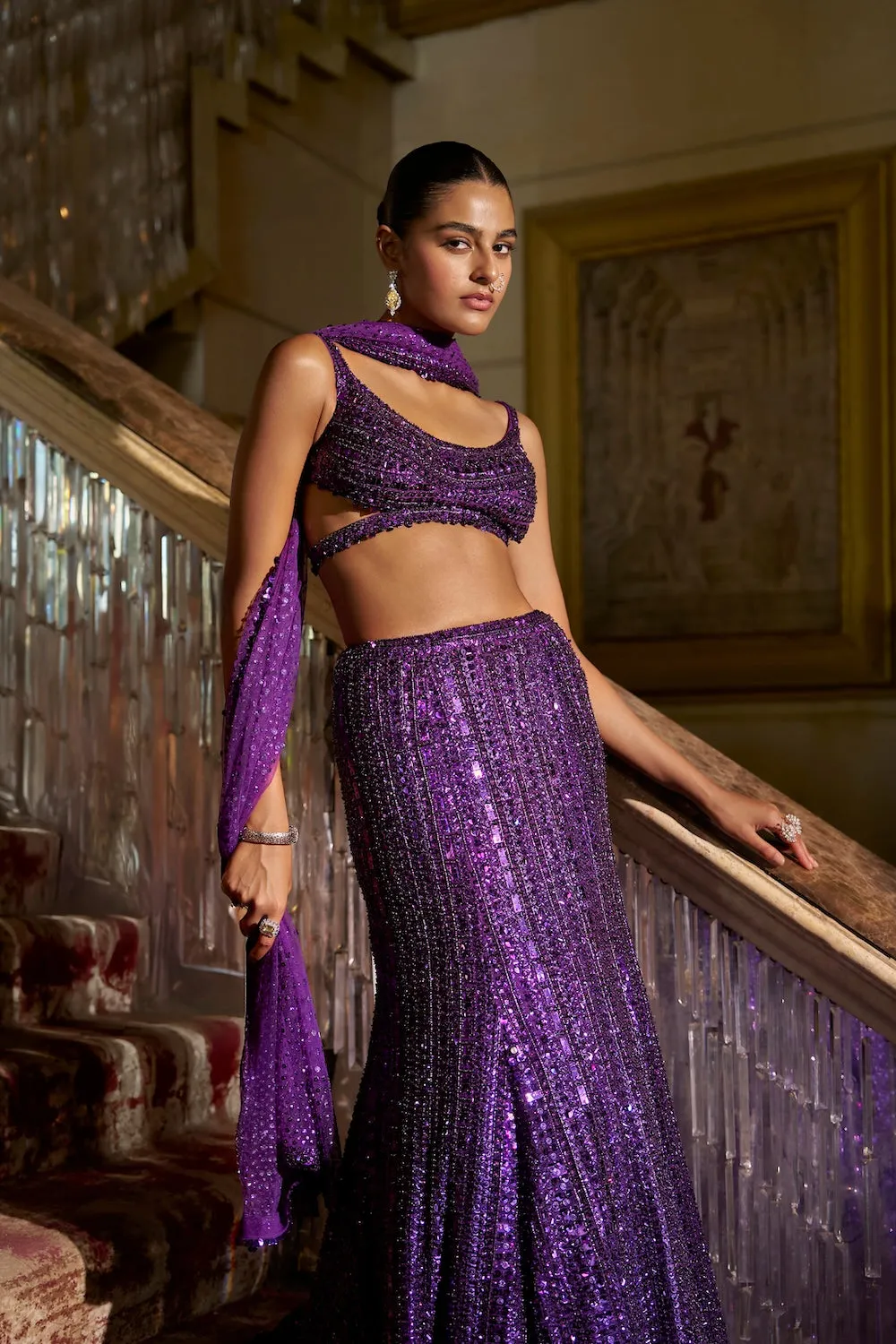 Amethyst Lehenga with Linear Sequin Handwork and Embellished Blouse