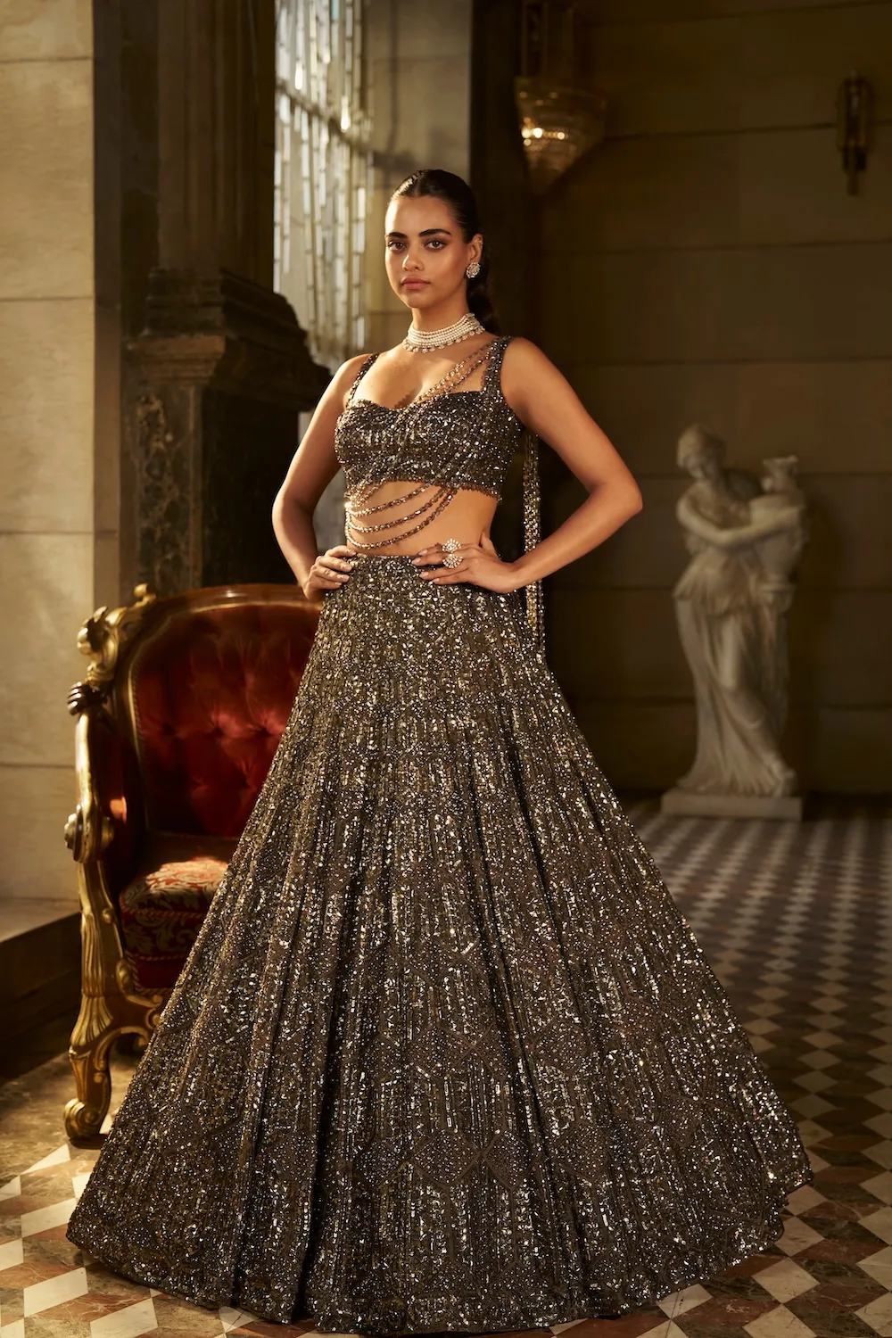 Antique Gold Lehenga with All-Over Sequin Embellishment and Sculpted Blouse