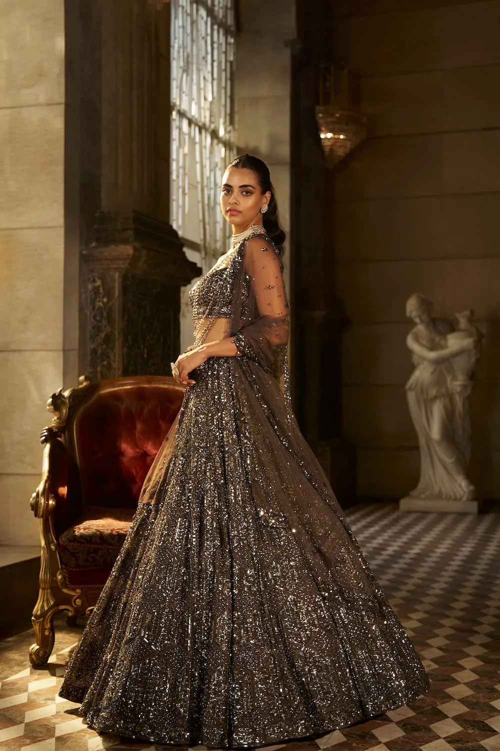 Antique Gold Lehenga with All-Over Sequin Embellishment and Sculpted Blouse