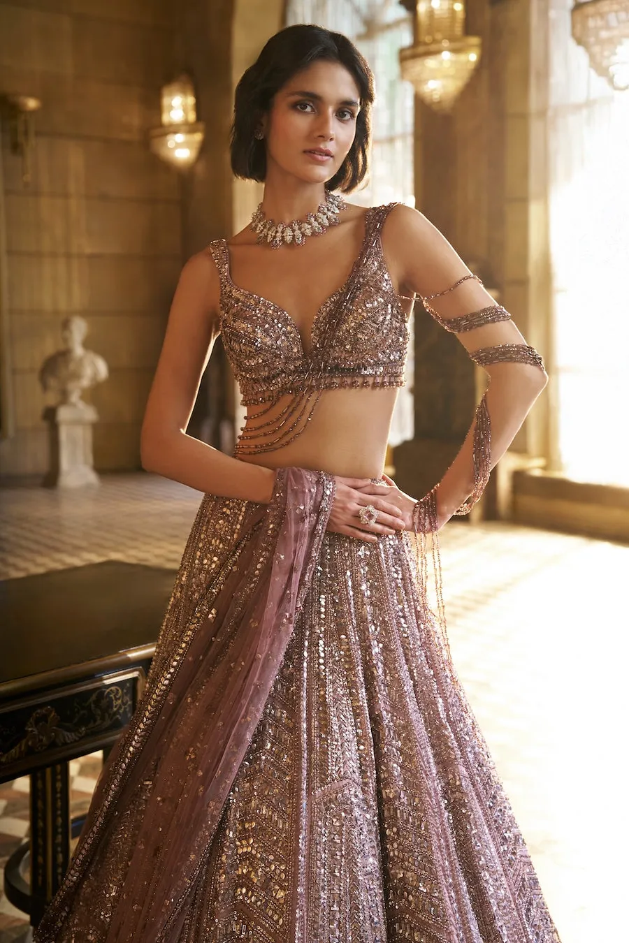 Blush Rose Lehenga with Intricate Sequin and Cutwork Embroidery