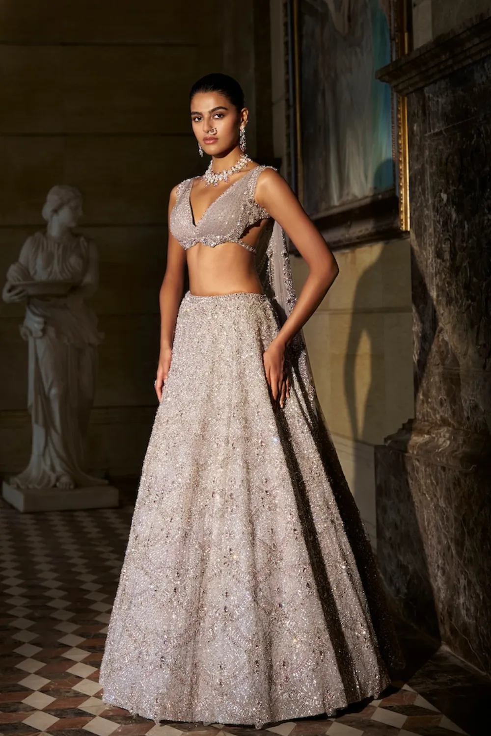  Champagne Ivory Lehenga with All-Over Sequin Embroidery and Contemporary Blouse