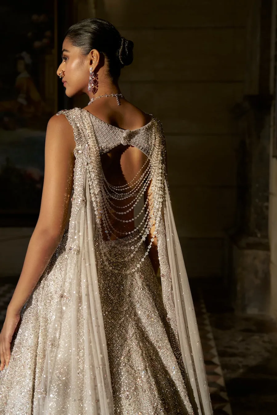  Champagne Ivory Lehenga with All-Over Sequin Embroidery and Contemporary Blouse