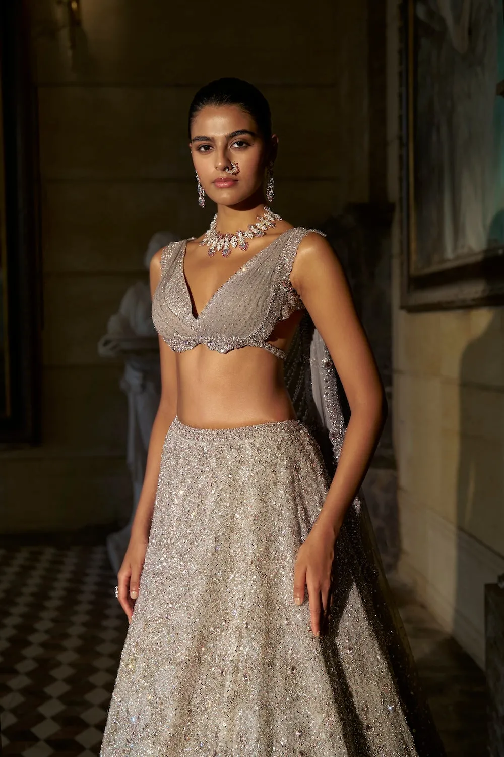  Champagne Ivory Lehenga with All-Over Sequin Embroidery and Contemporary Blouse