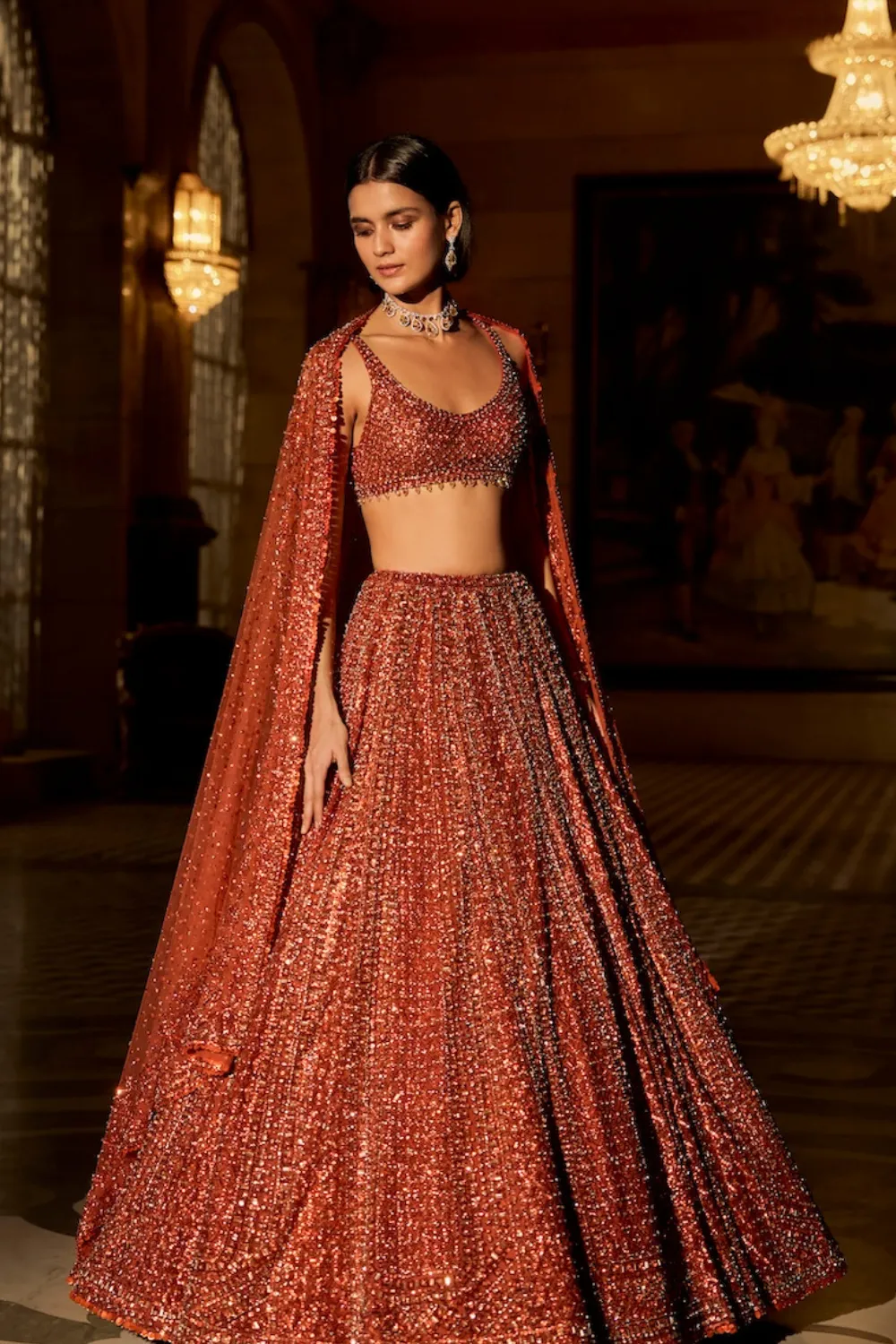 Burnt Crimson Lehenga with All-Over Sequin Embroidery and Embellished Blouse