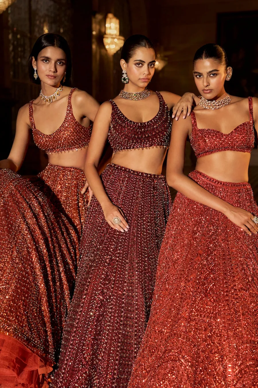 Burnt Crimson Lehenga with All-Over Sequin Embroidery and Embellished Blouse