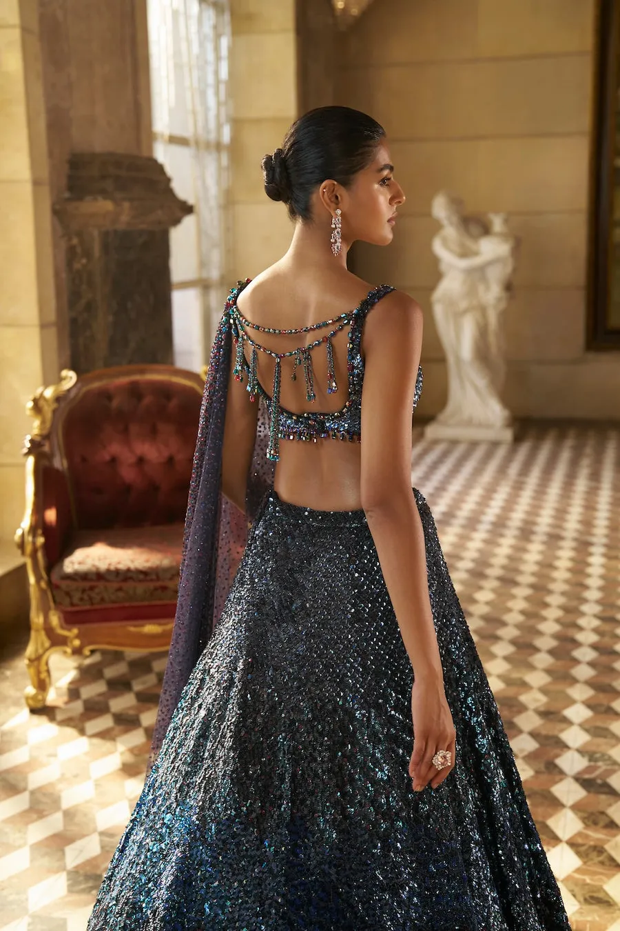 Midnight Blue Lehenga with All-Over Sequin Embroidery and Embellished Blouse